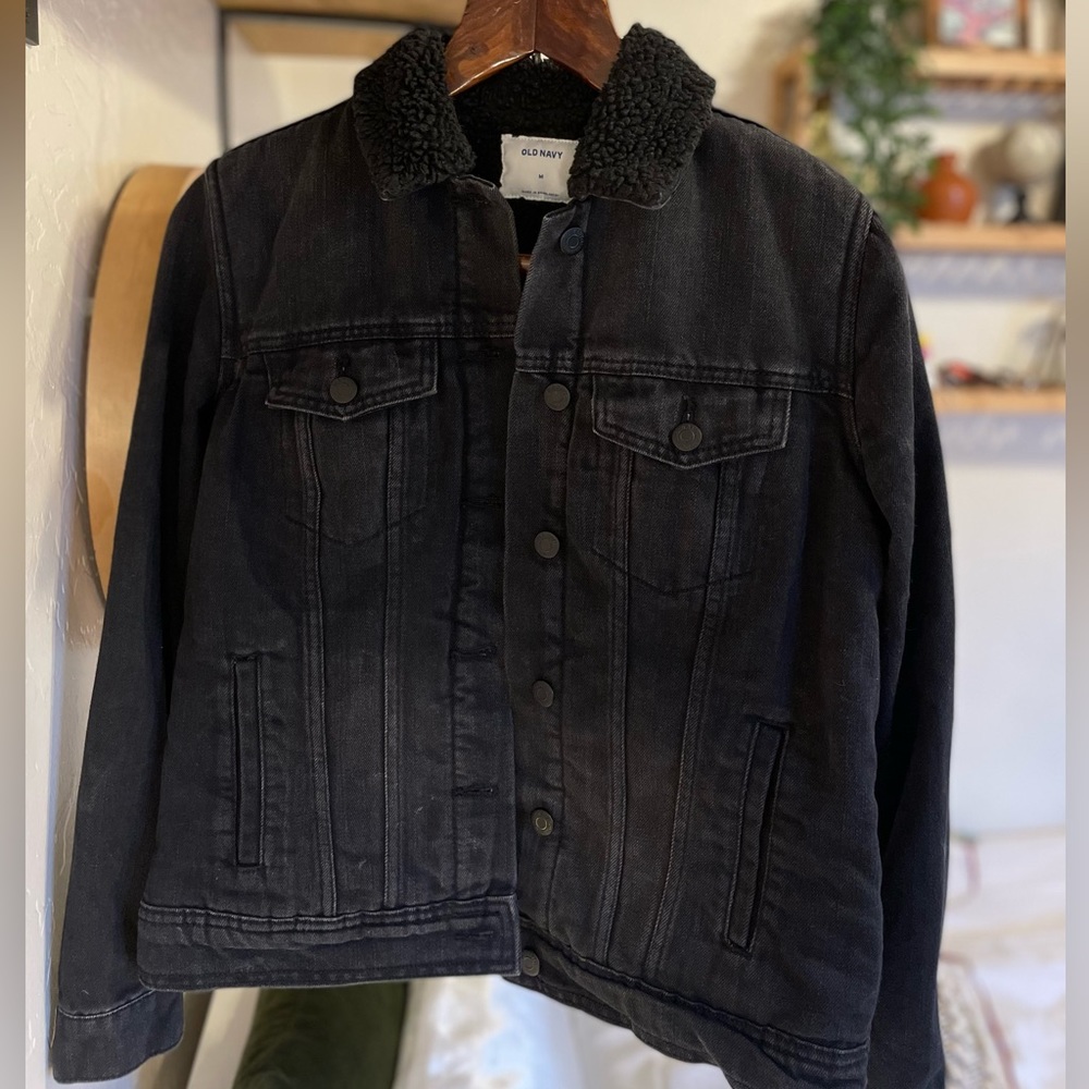 Old Navy Faux Fur Lined Black Denim Jacket